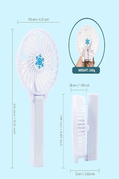 Şarjlı Taşınabilir El Fanı – 3 Kademeli Katlanabilir Masa Üstü Vantilatör, Işıklı, Sessiz Mini Fan - 6