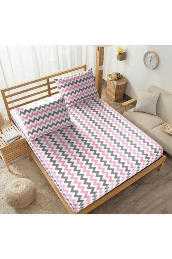 Üntaş Life Tek Kişilik Lastikli Çarşaf+1 Adet Yastık Kılıfı 100x200 Pembe Gri Zigzag Ecpembezigzag08