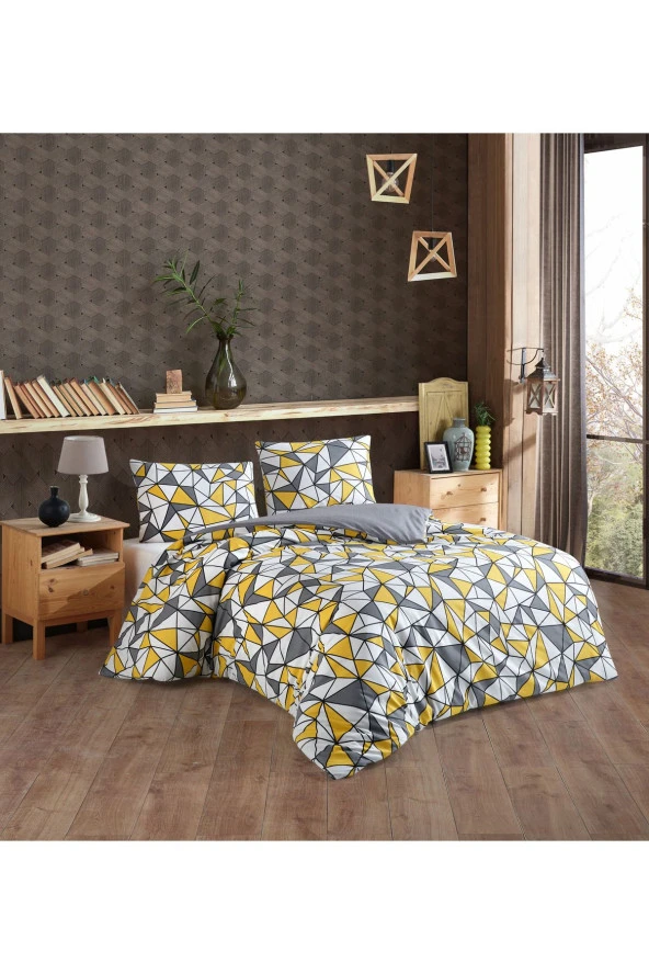 ÜNTAŞ SARI ÜÇGEN DESEN ÇİFT KİŞİLİK ÇİFT TARAFLI NEVRESİM SETİ sarıüçgnçiftset