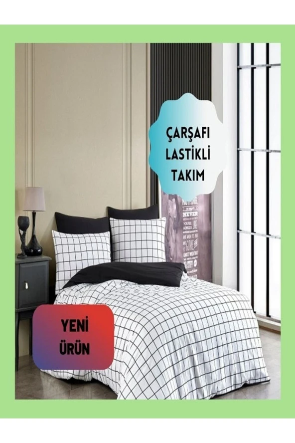 Üntaş Life Minikaro Çift Taraflı Lastikli Çarşaflı Çift Kişilik Nevresim Takımı Ecminkroçfttarfçift