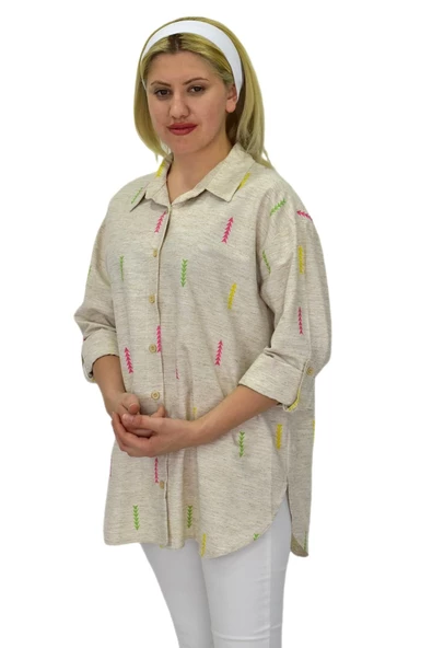 Kadın Ok baskılı Keten Gömlek BGL-ST03707 - Resim 4