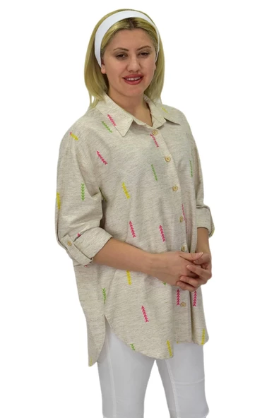 Kadın Ok baskılı Keten Gömlek BGL-ST03707 - Resim 8