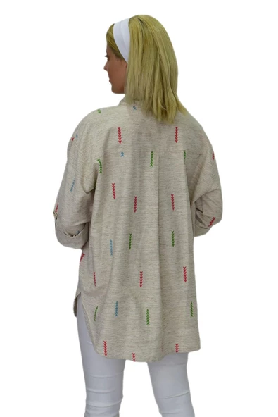 Kadın Ok baskılı Keten Gömlek BGL-ST03707 - Resim 11