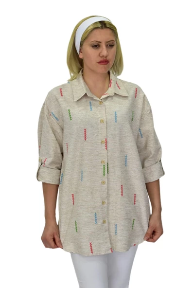 Kadın Ok baskılı Keten Gömlek BGL-ST03707 - Resim 7