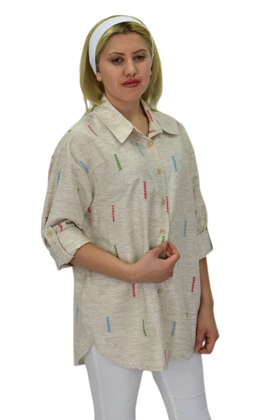 Kadın Ok baskılı Keten Gömlek BGL-ST03707 - Resim 9