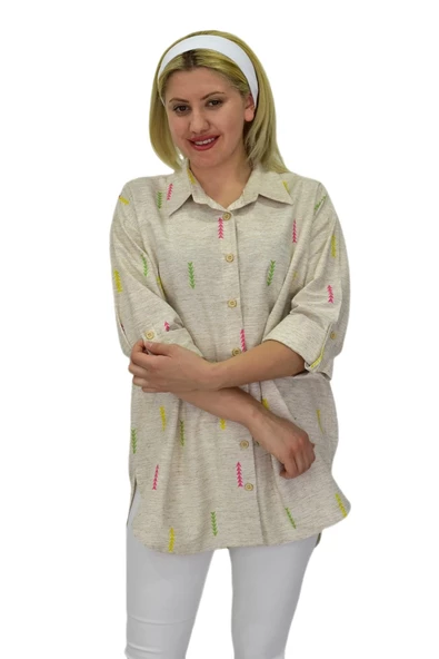 Kadın Ok baskılı Keten Gömlek BGL-ST03707 - Resim 6