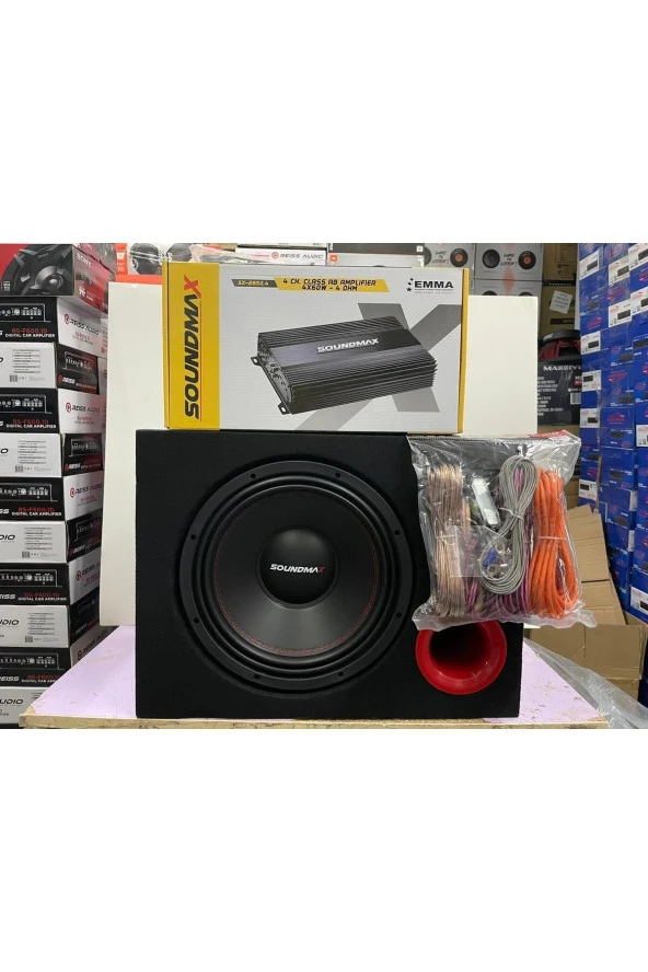 Soundmax SX-RT12 1500WAT 30 CM SUBWOOFER BAS KABİNLİ SX-2850.4 3000W 4KANAL AMFİ KABLO TK.