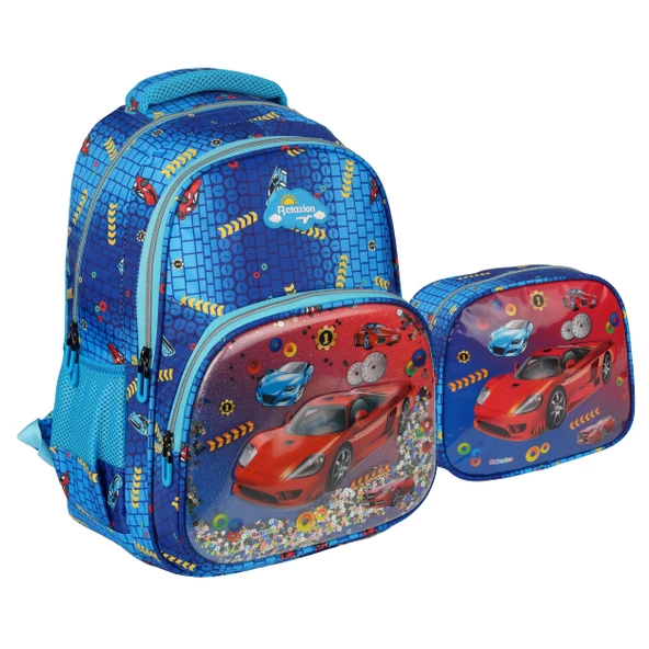 Relaxion Kabartmalı Araba Figürlü Pullu 3'Lü  İlkokul Çantası Beslenme Kalemlik Seti 1370 - 2