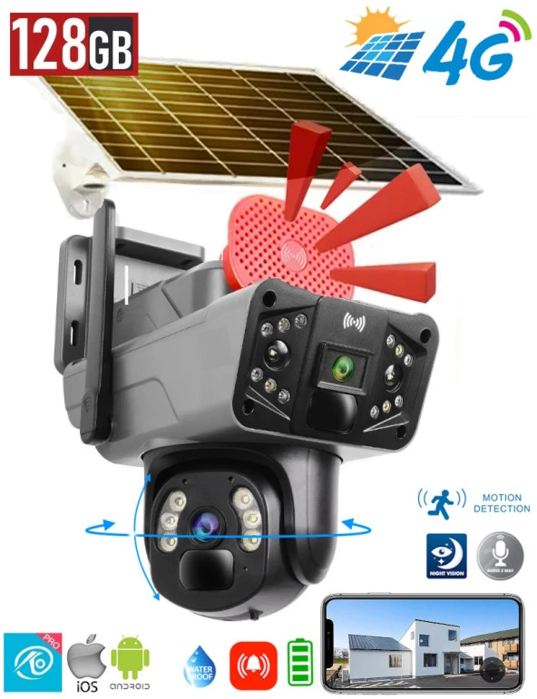 O-KAM Solar3915 4G Güneş Enerjili Dual Lens 360° Görüş  Akıllı  Güvenlik Kamerası 128GB Hafıza