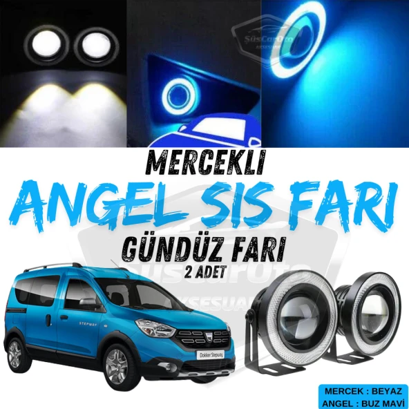 Dacia Dokker 2012-2022 Uyumlu Üniversal Mercekli Angel Sis Farı Metal Su Geçirmez 76 mm Buz Mavi Halkalı Gündüz Farı Angel Eyes 2 Adet