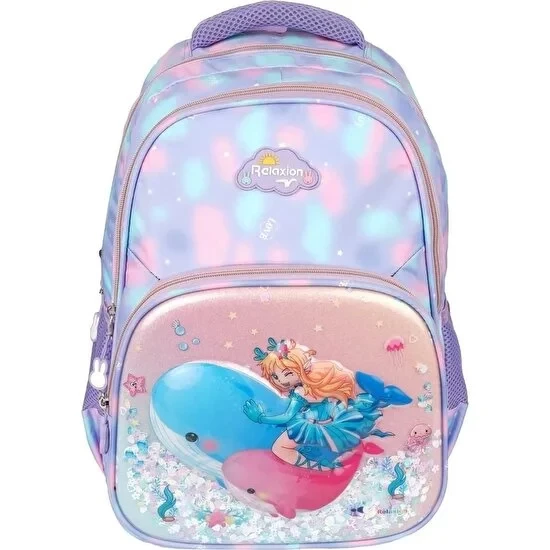 Relaxion Kabartmalı Balina Deniz Kızı Figürlü Pullu 3'Lü İlkokul Çantası Beslenme Kalemlik Seti 1370 - 2