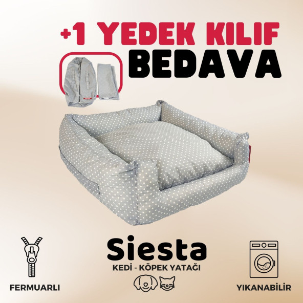 Siesta Kedi Yatağı Ve Köpek Yatağı ,Yedek Kılıflı ,Fermuarlı 55x60x23 Gri Puantiyeli