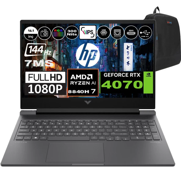 Hp Victus 16-S1002NT AMD Ryzen 7 8840H 96GB Ram 512GB SSD Windows 11 Home 16.1 Inç FHD 144Hz 7MS 300NİT 8GB-RTX4070 Taşınabilir Bilgisayar A05N6EAH09 + Zetta Çanta