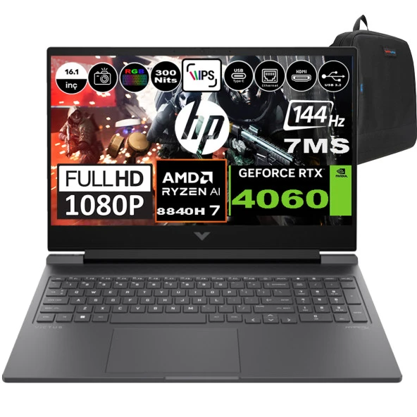Hp Victus 16-S1010NT AMD Ryzen 7 8840H 32GB Ram 1TB SSD Freedos 16.1 Inç FHD 144Hz 7MS 300NİT 8GB-RTX4060 Taşınabilir Bilgisayar 9Z790EAF02 + Zetta Çanta