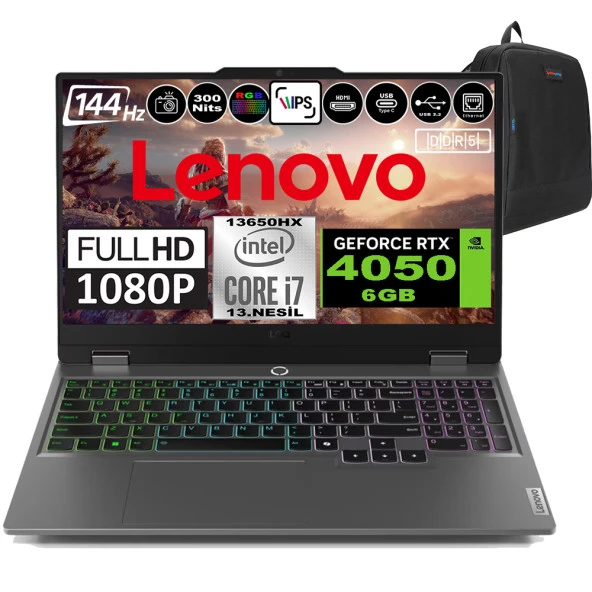 Lenovo LOQ 15IRX9 Intel Core i7 13650HX DDR5 96GB 4TB SSD RTX 4050 6GB 300Nits 15.6" 144Hz FHD Windows 11 Pro Taşınabilir Bilgisayar 83DV00G7TRP16 + Zetta Çanta