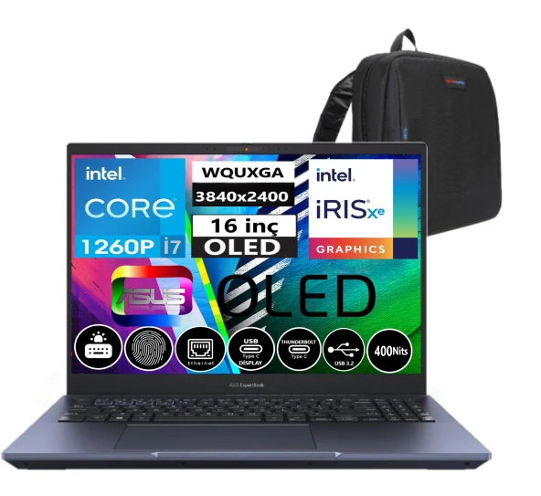ASUS EXPERTBOOK B5602CBA-I71260165 İntel Core i7 1260P 16gb DDR5 2tb SSD 16" OLED Windows11Pro Taşınabilir Bilgisayar 090NX05H1-M00P4027+WeblegelsinÇanta