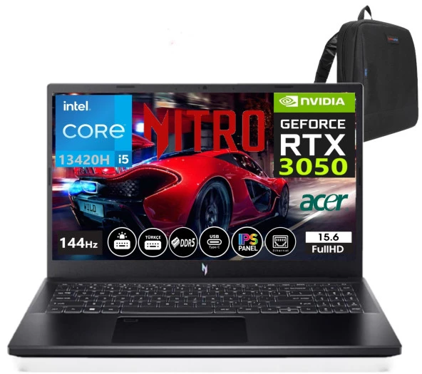 Acer Nitro V 15 ANV15-51 Intel Core I5 13420H 32GB DDR5 RAM 4TB SSD RTX3050-144Hz Freedos 15.6" Fhd Taşınabilir Bilgisayar NHQNCEY00108+WeblegelsinÇanta