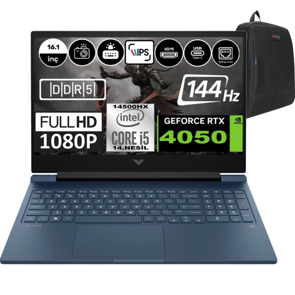 Hp Victus 16-R1063NT Intel Core I5-14500HX 64GB DDR5 2tb SSD RTX4050-6GB 16.1 Inç 144HZ Full Hd Windows 11 Home Gaming Laptop 9J265EAH09 + Weblegelsin Çanta