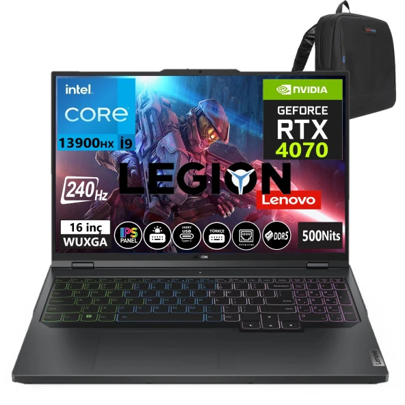 Lenovo Legion Pro 5 16IRX8 İntel i9-13900HX 64gb DDR5 4tb SSD 16 İnç WQXGA 240Hz 8GB RTX4070 140W Windows11Pro Taşınabilir Bilgisayar 882WK00J5TX44+WeblegelsinÇanta