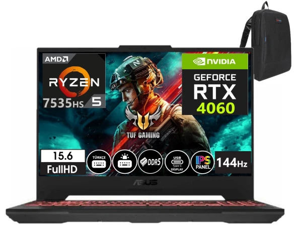 Asus TUF Gaming A15 FA507NV-LP100 Amd Ryzen 5 7535HS 32gb DDR5 4tb SSD 15.6 inç FHD 144Hz 8GB RTX4060 140w Windows11Pro Taşınabilir Bilgisayar FA507NV-LP10040+WeblegelsinÇanta