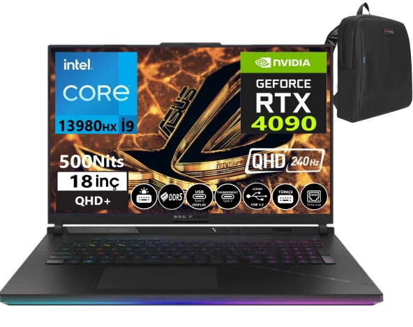 Asus ROG Strix SCAR 18 13. Nesil Intel i9-13980HX 96GB DDR5 RAM 4TB SSD 16GB RTX4090 175w 18 inç QHD+ 240Hz 3Ms Freedos Taşınabilir Bilgisayar G834JY-N604015+WeblegelsinÇanta