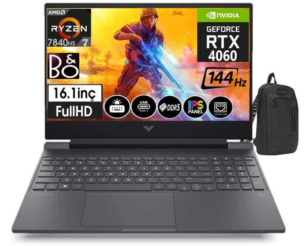 HP Victus S0014NT Ryzen 7 7840HS 96GB DDR5 Ram 2tb SSD 8GB RX4060 16,1 İnç 144Hz IPS FHD Windows11Pro Taşınabilir Bilgisayar 77Z4M5EA27+ZettaÇanta
