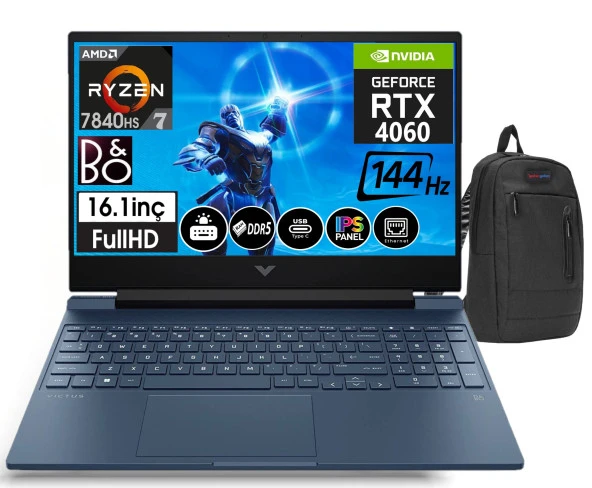 HP Victus 16-S0015NT AMD Ryzen7 7840HS 96GB DDR5 Ram 512gb SSD 8GB RTX4060 16,1 İnç 144Hz IPS FHD Windows11Pro Taşınabilir Bilgisayar 77Z586EA25+ZettaÇanta
