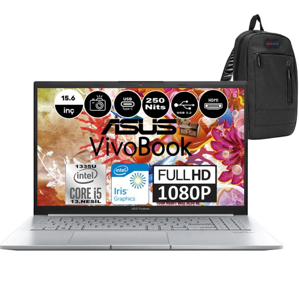 Asus VivoBook X1504VA İntel Core i5-1335U 16GB 512GB SSD Iris Xe Graphics 15.6″ Full HD Windows 11 Pro Taşınabilir Bilgisayar WNJ104P04+Weblegelsin Çanta