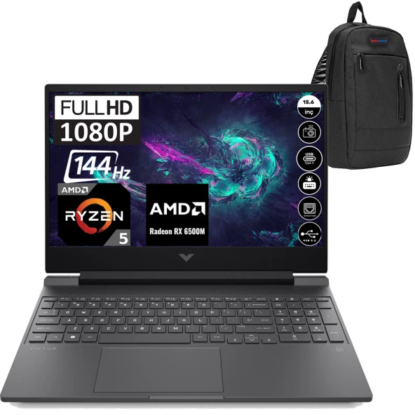 Hp Victus Gaming Laptop 15-FB0015NT Amd Ryzen 5 5600H 8GB 512GB SSD RX6500M Windows 11 Pro 15.6" FHD 144 Hz Taşınabilir Bilgisayar 7J3T4EAP01 + Zetta Çanta