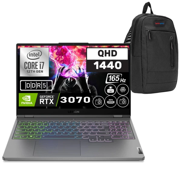 Lenovo Legion 5 İntel Core I7 12700H 64GB DDR5 1TB SSD RTX3070 Freedos 15.6" WQHD Taşınabilir Bilgisayar 82RB00DCTX08 + Zetta Çanta