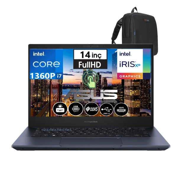 ASUS ExpertBook B5 Flip İntel Core i7 1360p 40gb DDR5 2TB SSD 14" FHD Windows11Home TAŞINABİLİR DOKUNMATİK BİLGİSAYAR B5402FVA-I7161TBB1D24+WeblegelsinÇanta