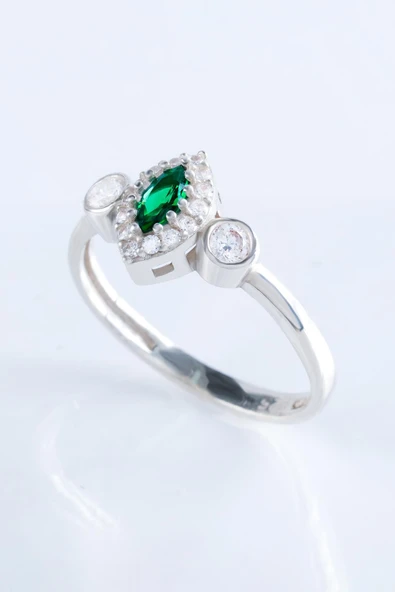 Minera Serisi Zirkon Yeşim Taşlı Mekik Gümüş Kadın Yüzük - 5