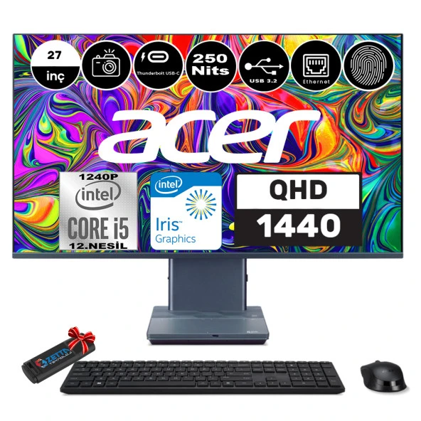 Acer ASPIRE S27-1755 Intel Core i5-1240P 64GB 2TB SSD 27" WQHD 1440P Windows 11 Pro Parmak izi okuyucu All in One Bilgisayar WPDQBKDEM009+ Zetta Flash Bellek