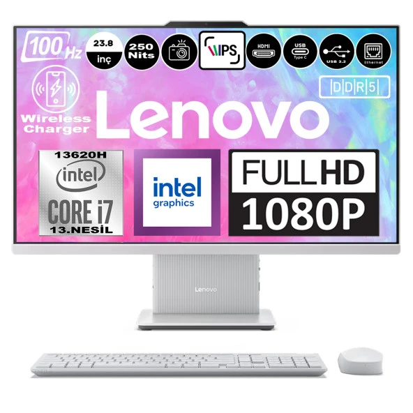 Lenovo Ideacentre Aıo 24IRH9 Intel Core I7-13620H DDR5 16GB 512GB SSD Intel UHD Graphics 23.8 Fhd IPS Freedos Beyaz All In One Bilgisayar F0HN0056TRF06 + Zetta Flash Bellek