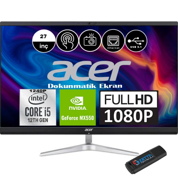 ACER C27-1751 İntel Core i5-1240P 64GB 512GB SSD MX550-2GB GDDR6 Dokunmatik IPS Full HD Windows 11 Pro 27" All in One Bilgisayar DQBJAEM005P07 + WeblegelsinFlashBellek