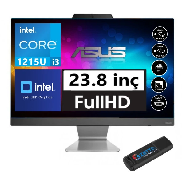 ASUS A3402WBAK-I38512B0 İntel Core İ3-1215U 8GB 1TB SSD FHD  23.8'' FreeDos All-In-One MasaÜstü Bilgisayar AI38512B0W04+ZettaUsbBellek