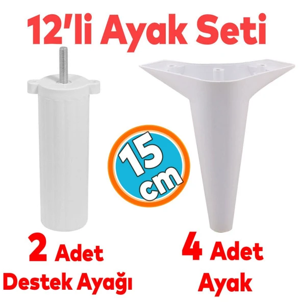 Mobilya Ayağı 12'li Set Robot Süpürge İçin Koltuk Kanepe Yükseltici Destek 15 cm Beyaz Baza Ayak