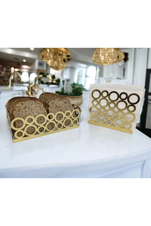 Gold Renk 2'li Set Ekmek Sepeti ve Peçetelik - 2