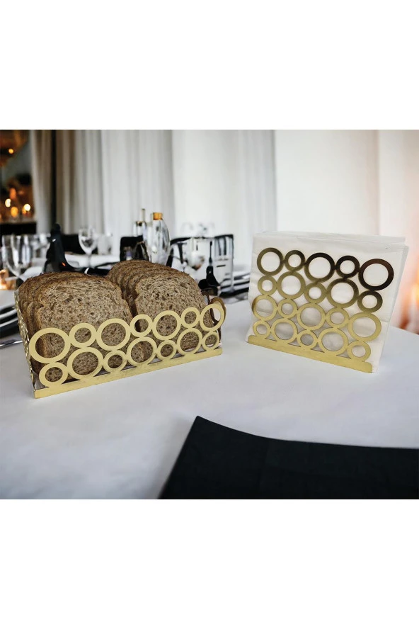 Gold Renk 2'li Set Ekmek Sepeti ve Peçetelik - 4