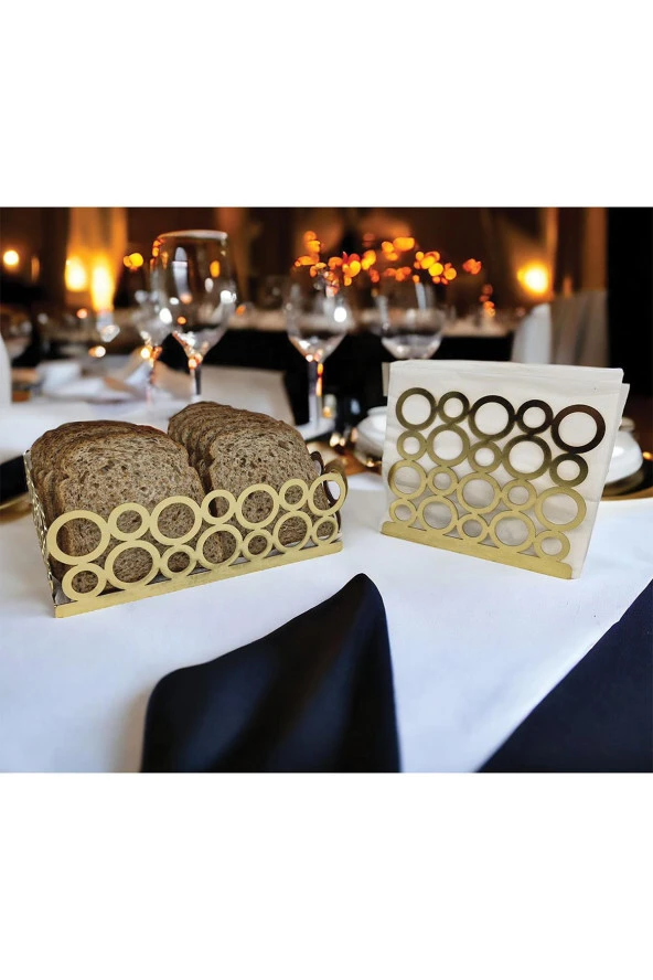 Gold Renk 2'li Set Ekmek Sepeti ve Peçetelik - 5