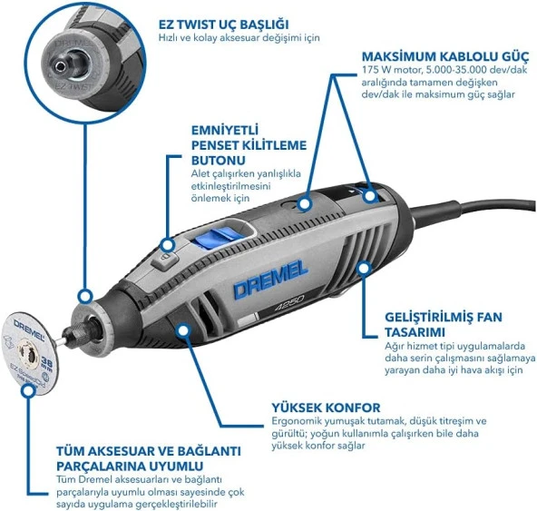 Dremel 4250-6/128 Yüksek PerFormans Kablolu Çok Amaçlı El Motoru - F0134250JK - 2