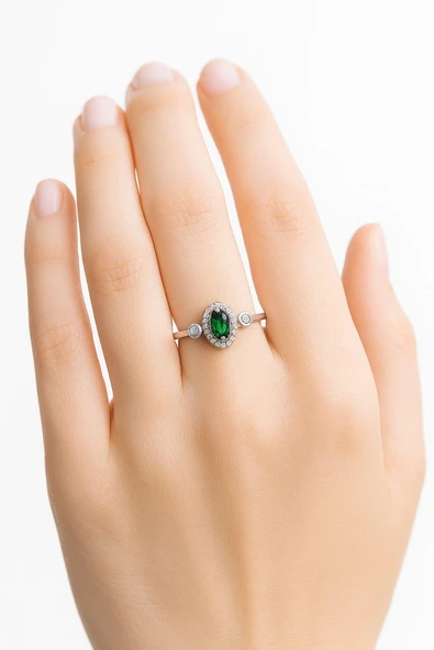 Minera Serisi Zirkon Yeşim Taşlı Oval Gümüş Kadın Yüzük - 2