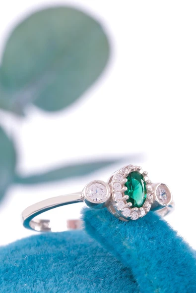 Minera Serisi Zirkon Yeşim Taşlı Oval Gümüş Kadın Yüzük - 5