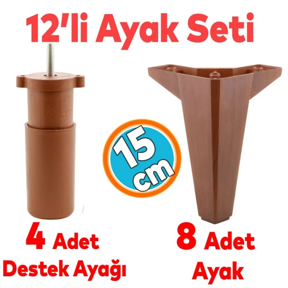 Mobilya TV Ünitesi Çekyat Koltuk Kanepe Destek Ayağı Yükseltici 15 cm Kahverengi Baza Ayak 12'li Set