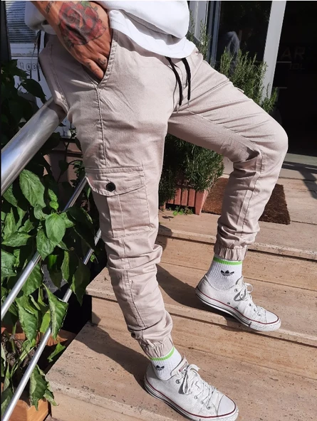 Slim Fit None Denim Yandan Cepli Bel Bağcıklı, Paçaları Lastikli Esnek Kumaş Erkek Kargo Pantolon - 6