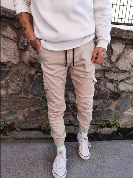 Slim Fit None Denim Yandan Cepli Bel Bağcıklı, Paçaları Lastikli Esnek Kumaş Erkek Kargo Pantolon - 8