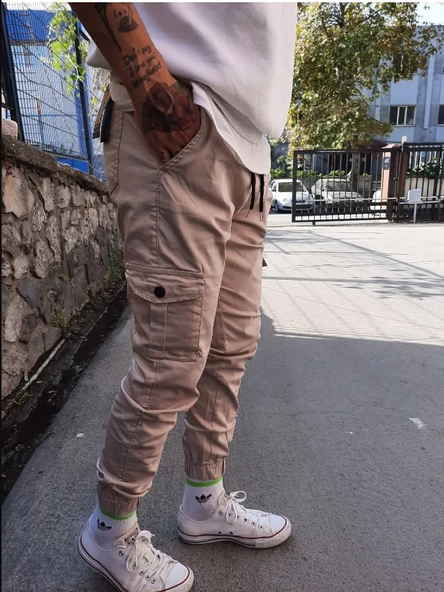 Slim Fit None Denim Yandan Cepli Bel Bağcıklı, Paçaları Lastikli Esnek Kumaş Erkek Kargo Pantolon - 7