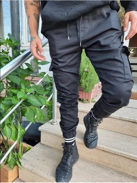 Slim Fit None Denim Yandan Cepli Bel Bağcıklı, Paçaları Lastikli Esnek Kumaş Erkek Kargo Pantolon - 2