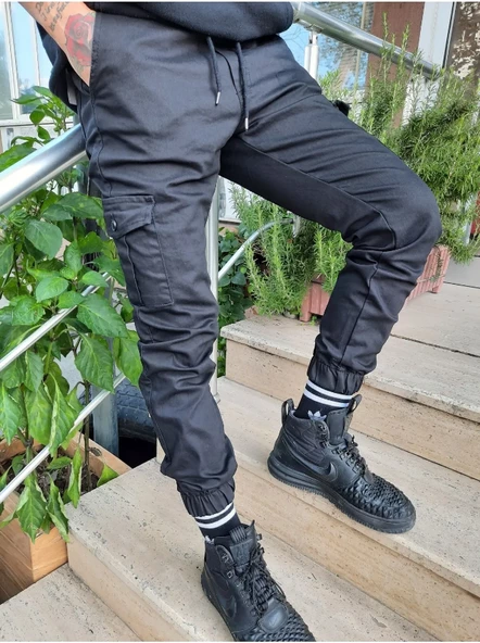 Slim Fit None Denim Yandan Cepli Bel Bağcıklı, Paçaları Lastikli Esnek Kumaş Erkek Kargo Pantolon - 3