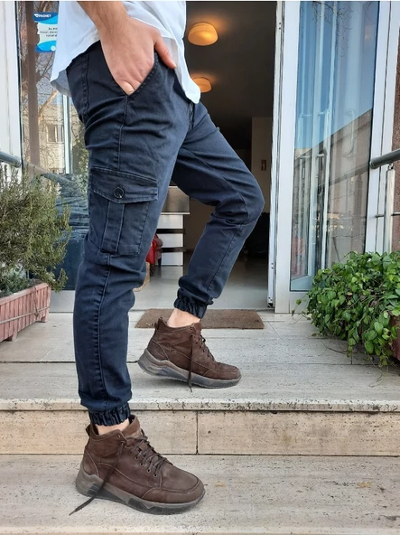 Slim Fit None Denim Yandan Cepli Bel Bağcıklı, Paçaları Lastikli Esnek Kumaş Erkek Kargo Pantolon - 9